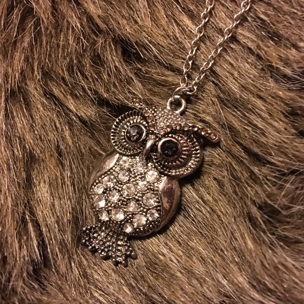 Vintage rhinestone owl pendant on silver chain